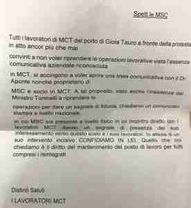 Il documento inviato dai portuali alla Msc